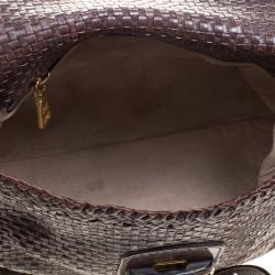 Pre Owned Prada Dark Brown Woven Goatskin Leather Madras Top Handle Bag