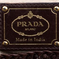 Pre Owned Prada Dark Brown Woven Goatskin Leather Madras Top Handle Bag