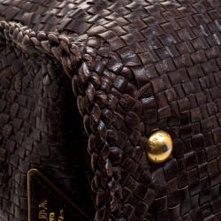 Pre Owned Prada Dark Brown Woven Goatskin Leather Madras Top Handle Bag
