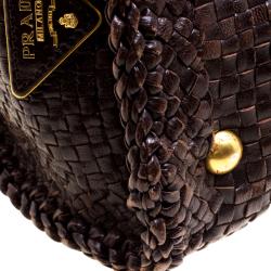 Pre Owned Prada Dark Brown Woven Goatskin Leather Madras Top Handle Bag