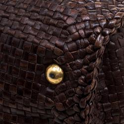 Pre Owned Prada Dark Brown Woven Goatskin Leather Madras Top Handle Bag