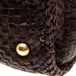 Pre Owned Prada Dark Brown Woven Goatskin Leather Madras Top Handle Bag