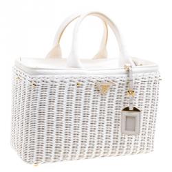 Pre Owned Prada White Midollino and Canvas Large Wicker Shopping Tote