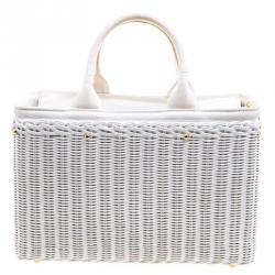 Pre Owned Prada White Midollino and Canvas Large Wicker Shopping Tote
