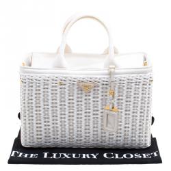 Pre Owned Prada White Midollino and Canvas Large Wicker Shopping Tote