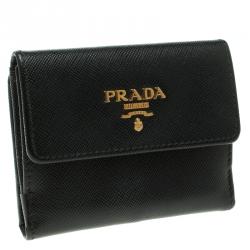 Pre Owned Prada Black Saffiano Leather Coin Compact Wallet