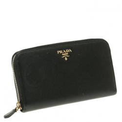 Pre Owned Prada Black Saffiano Leather Zip Around Wallet