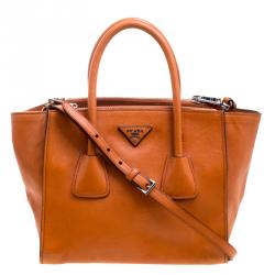 Pre Owned Prada Orange Leather Double Zip Tote