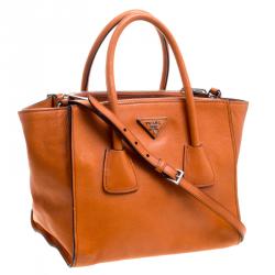 Pre Owned Prada Orange Leather Double Zip Tote