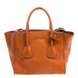 Pre Owned Prada Orange Leather Double Zip Tote