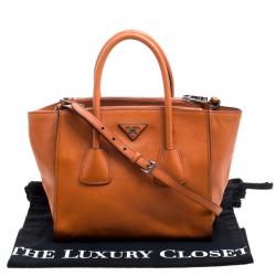 Pre Owned Prada Orange Leather Double Zip Tote