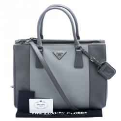 Pre Owned Prada Grey Saffiano Lux Leather Medium Double Zip Tote