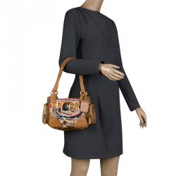 Pre Owned Prada Brown Leather and Printed Nylon Side Pocket Shoulder Bag