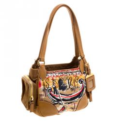 Pre Owned Prada Brown Leather and Printed Nylon Side Pocket Shoulder Bag