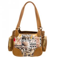 Pre Owned Prada Brown Leather and Printed Nylon Side Pocket Shoulder Bag