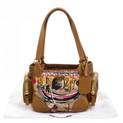 Pre Owned Prada Brown Leather and Printed Nylon Side Pocket Shoulder Bag