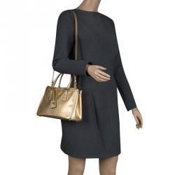 Pre Owned Prada Gold Saffiano Lux Leather Mini Double Zip Tote