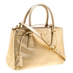 Pre Owned Prada Gold Saffiano Lux Leather Mini Double Zip Tote