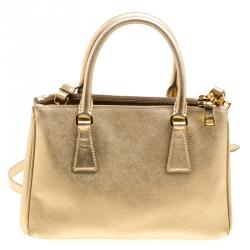 Pre Owned Prada Gold Saffiano Lux Leather Mini Double Zip Tote