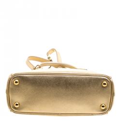 Pre Owned Prada Gold Saffiano Lux Leather Mini Double Zip Tote