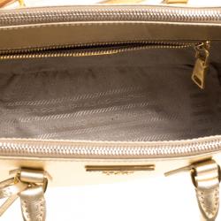 Pre Owned Prada Gold Saffiano Lux Leather Mini Double Zip Tote