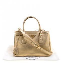 Pre Owned Prada Gold Saffiano Lux Leather Mini Double Zip Tote