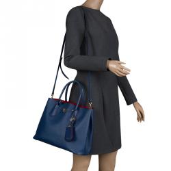 Pre Owned Prada Blue Saffiano Cuir Leather Double Handle Tote