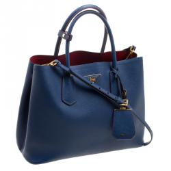 Pre Owned Prada Blue Saffiano Cuir Leather Double Handle Tote