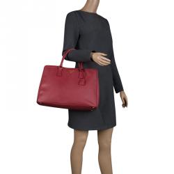 Pre Owned Prada Red Saffiano Lux Leather Large Gardener's Tote