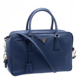 Prada Blue Saffiano Lux Leather Top Handle Bowling Bag