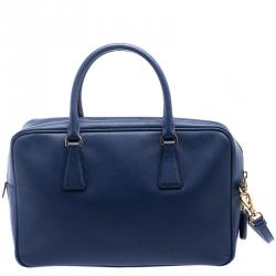 Prada Blue Saffiano Lux Leather Top Handle Bowling Bag