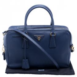 Prada Blue Saffiano Lux Leather Top Handle Bowling Bag