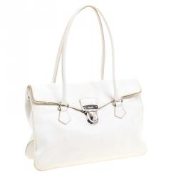 Pre Owned Prada White Leather Foldover Pushlock Shoulder Bag
