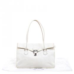 Pre Owned Prada White Leather Foldover Pushlock Shoulder Bag
