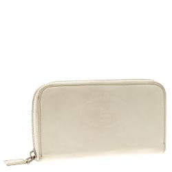 Pre Owned Prada White Vitello Print Leather Zip Around Wallet