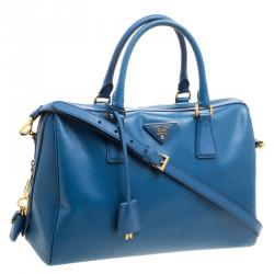 Prada Blue Saffiano Lux Leather Boston Bag 