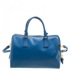 Prada Blue Saffiano Lux Leather Boston Bag 