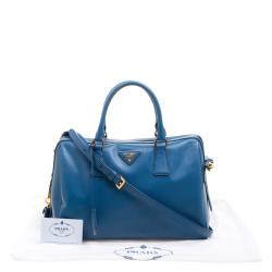 Prada Blue Saffiano Lux Leather Boston Bag 