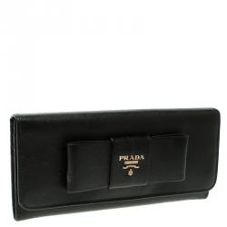 Pre Owned Prada Black Saffiano Fiocco Leather Bow Continental Wallet