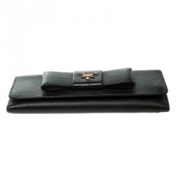 Pre Owned Prada Black Saffiano Fiocco Leather Bow Continental Wallet
