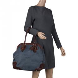 Pre Owned Prada Blue/Brown Canvas and Leatehr Frame Satchel