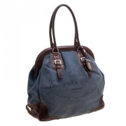 Pre Owned Prada Blue/Brown Canvas and Leatehr Frame Satchel