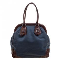 Pre Owned Prada Blue/Brown Canvas and Leatehr Frame Satchel