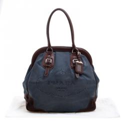 Pre Owned Prada Blue/Brown Canvas and Leatehr Frame Satchel