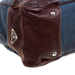 Pre Owned Prada Blue/Brown Canvas and Leatehr Frame Satchel