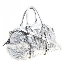 Pre Owned Prada Silver Nappa Leather Gaufre Bowling Bag