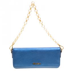 Pre Owned Prada Metallic Blue Saffiano Lux Leather Chain Shoulder Bag