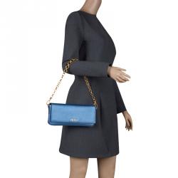Pre Owned Prada Metallic Blue Saffiano Lux Leather Chain Shoulder Bag