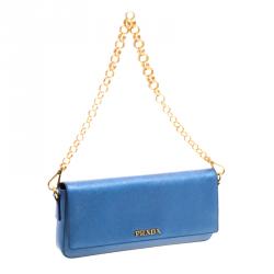 Pre Owned Prada Metallic Blue Saffiano Lux Leather Chain Shoulder Bag