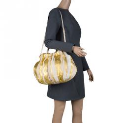 Pre Owned Prada Beige/Gold Stripe Leather Hobo